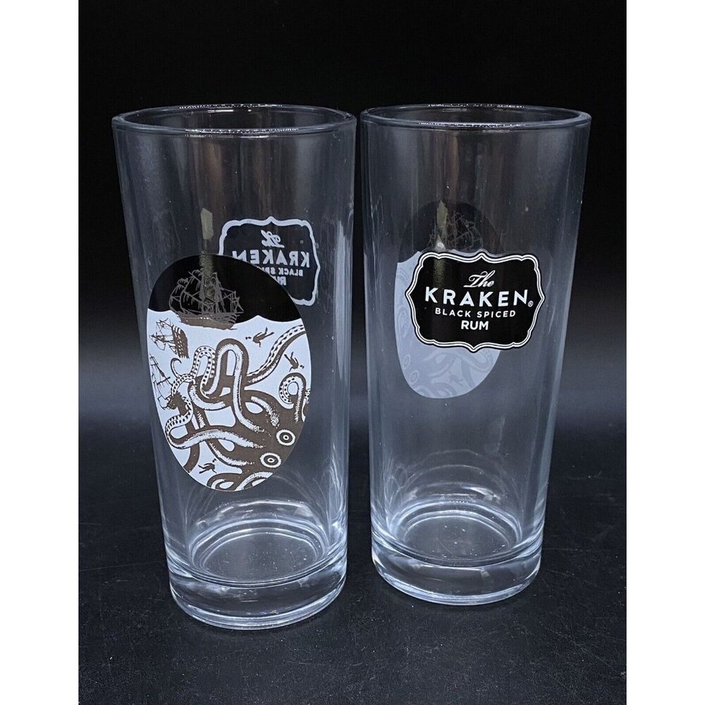 The Kraken Black Spiced Rum 6" High Ball Drinking Tumbler Glasses Set of 2